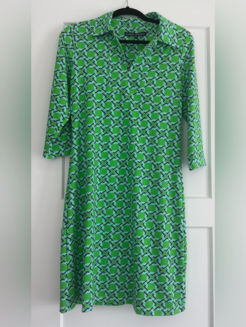EUC Barbara Erickson Green Geometic Print Shift Dress, Medium